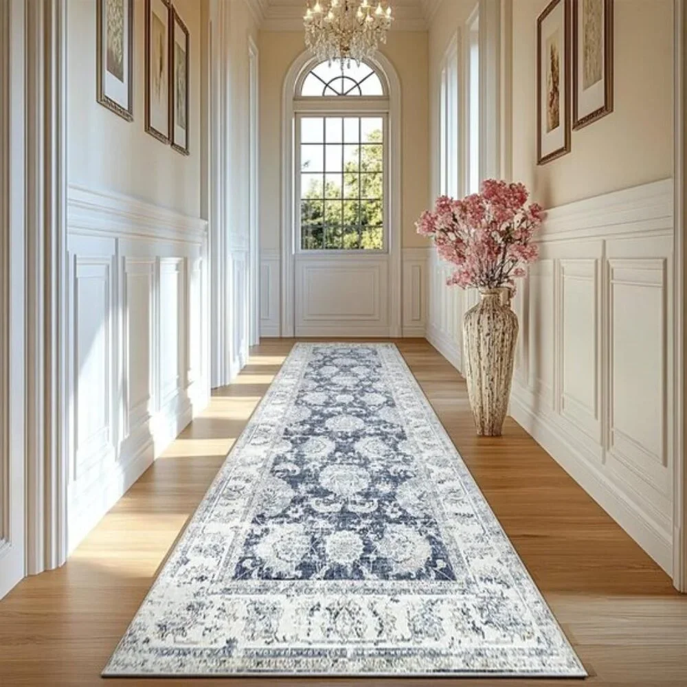 New 2x10 Dark Blue Runner Rug, Washable Vintage Floral Hallway & Kitchen Carpet